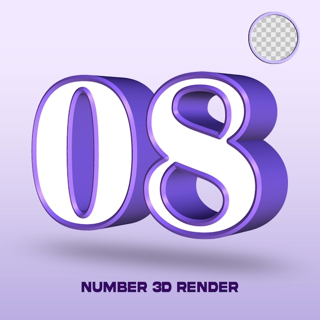 3d render número 08 color púrpura blanco