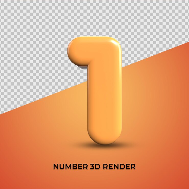 3d render número 1 color naranja transparente, plástico