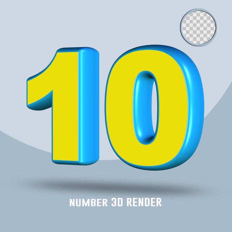 PSD 3d render número 10 amarillo color azul claro