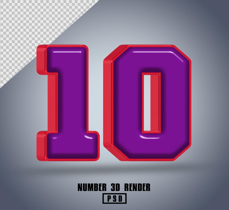 PSD 3d render número 10 color rojo púrpura brillante