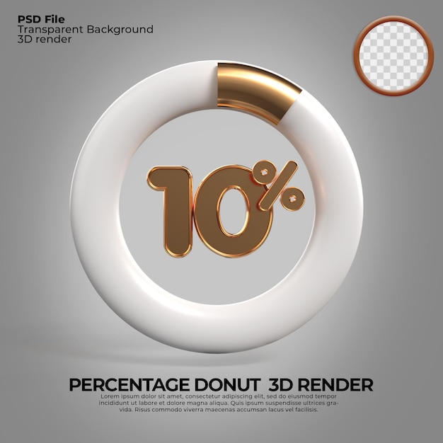 3D Render número 10 porcentaje donut para informe de progreso infografía estilo dorado