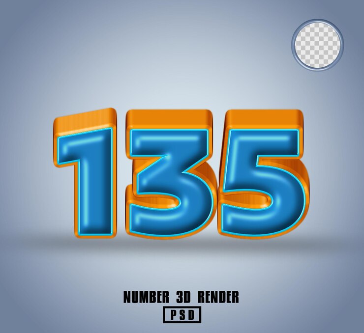 PSD 3d render número 135 azul y línea color naranja brillante