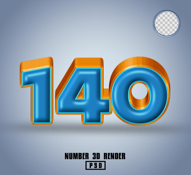 3D render número 140 azul y línea color naranja brillante