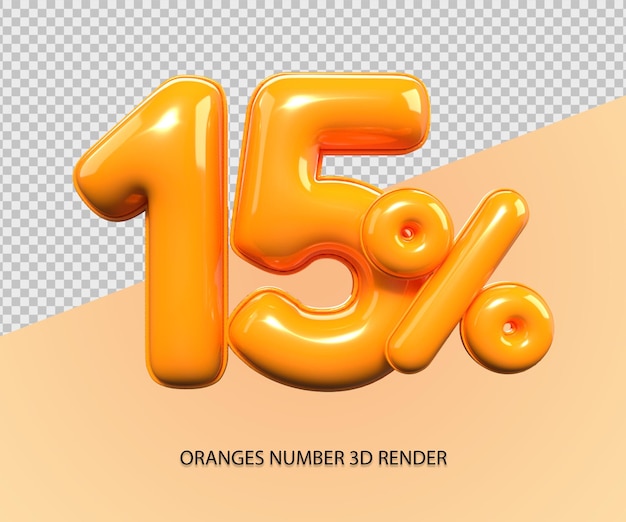 3d render número 15 porcentaje plástico de descuento de color naranja