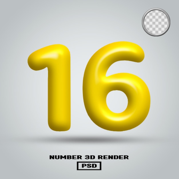 3D render número 16 color amarillo brillante