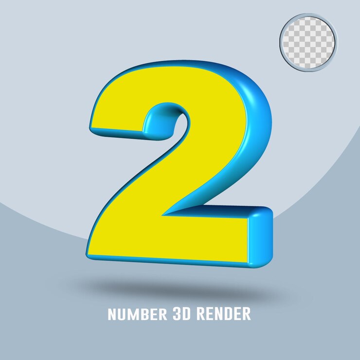 PSD 3d render número 2 amarillo color azul claro