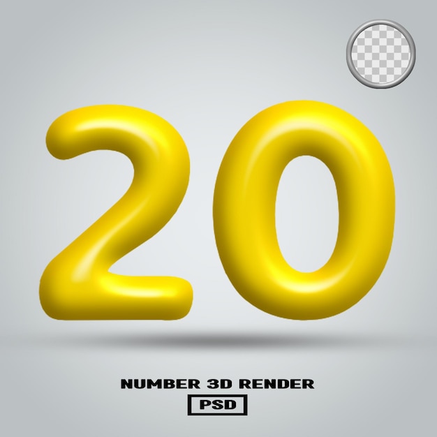 3D render número 20 color amarillo brillante