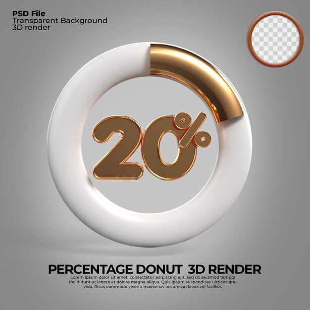 3D Render número 20 porcentaje donut para informe de progreso infografía estilo dorado