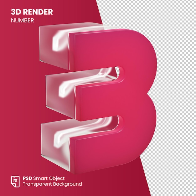 3D Render Número 3 con color magenta viva