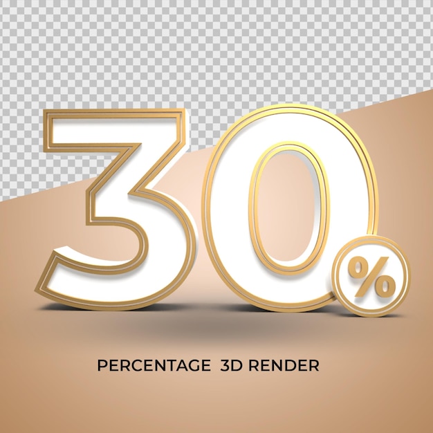 3D Render Número 30 Porcentagem de venda com desconto em branco e ouro