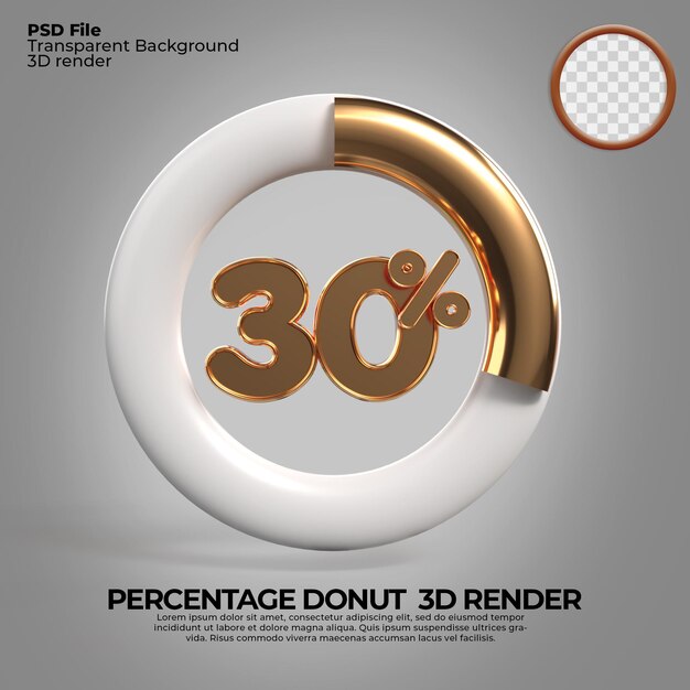 3D Render número 30 porcentaje donut para informe de progreso infografía estilo dorado