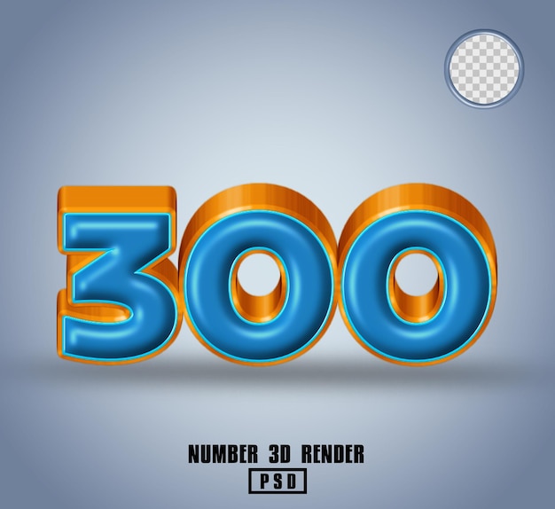 3D render número 300 azul y línea color naranja brillante