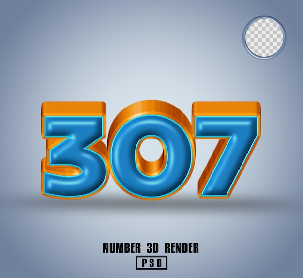 3D render número 307 azul y línea color naranja brillante