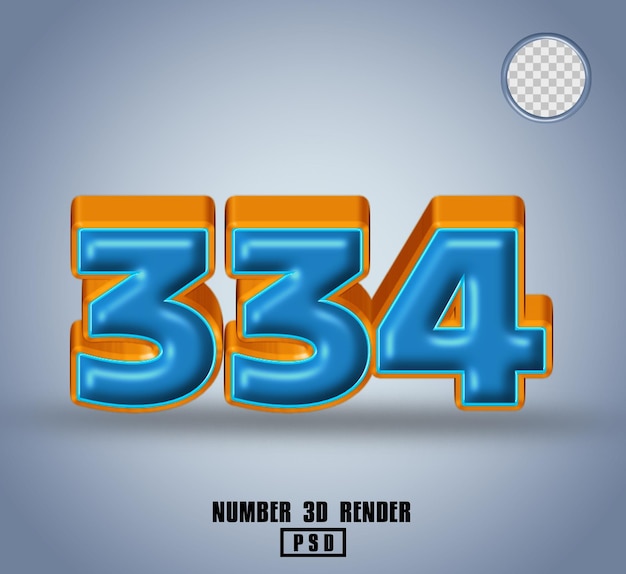 3D render número 334 azul y línea color naranja brillante