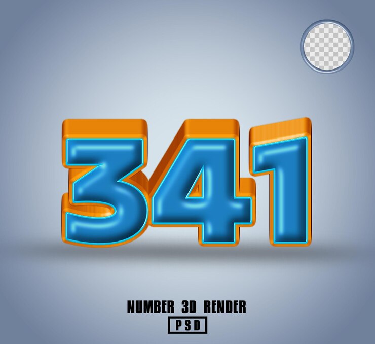 PSD 3d render número 341 azul y línea color naranja brillante