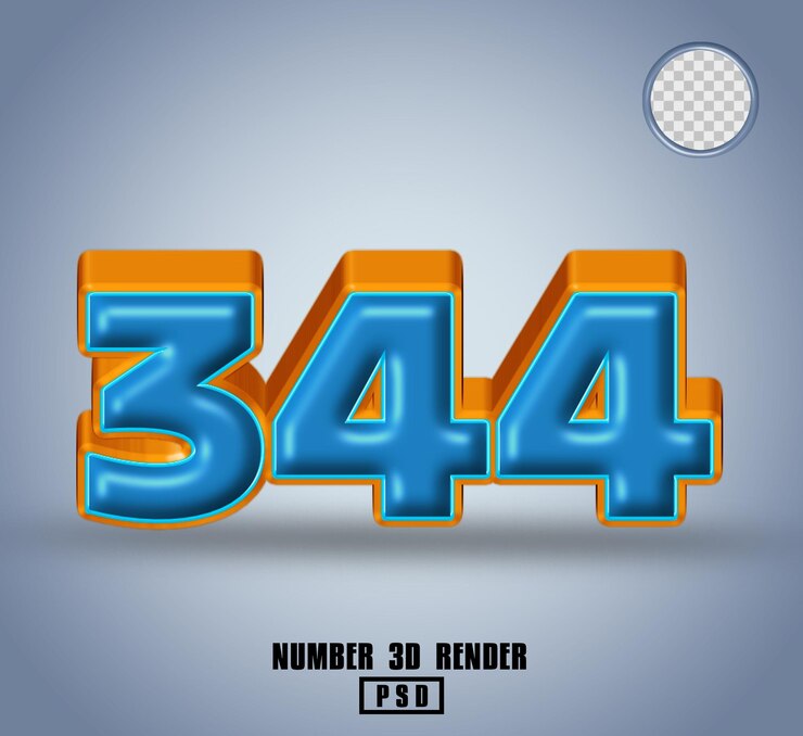 PSD 3d render número 344 azul y línea color naranja brillante