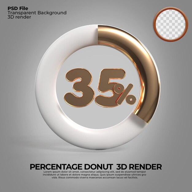 3D Render número 35 porcentaje donut para informe de progreso infografía estilo dorado