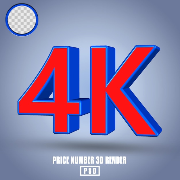 3d render número 4k color rojo y azul