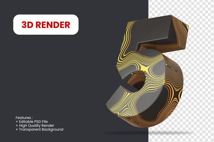 3D render numero 5 con trama astratta isolata