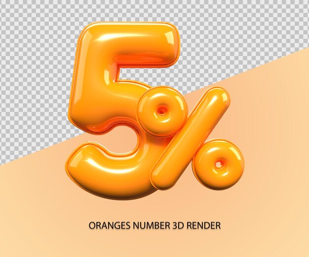3D render número 5 porcentaje de descuento de color naranja plástico