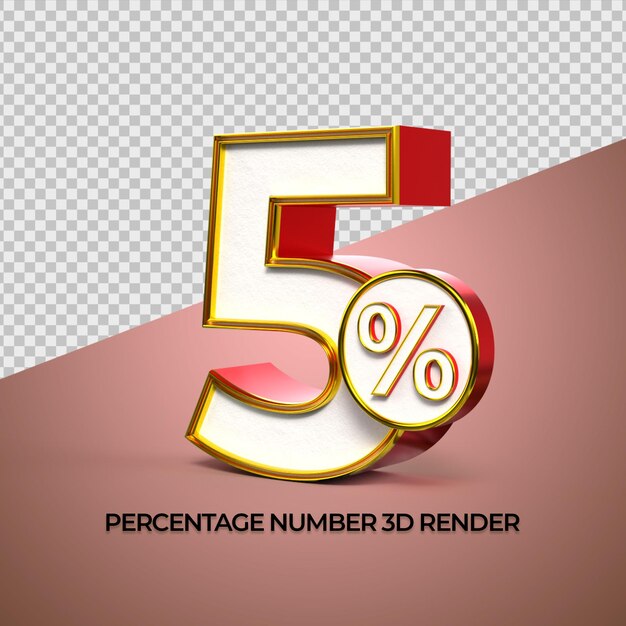 PSD 3d render número 5 porcentaje oro rojo colores