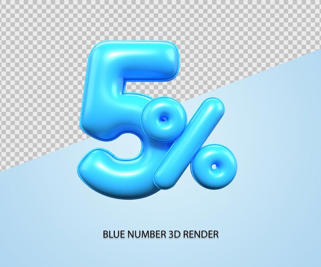 3d render número 5 porcentaje plástico azul descuento