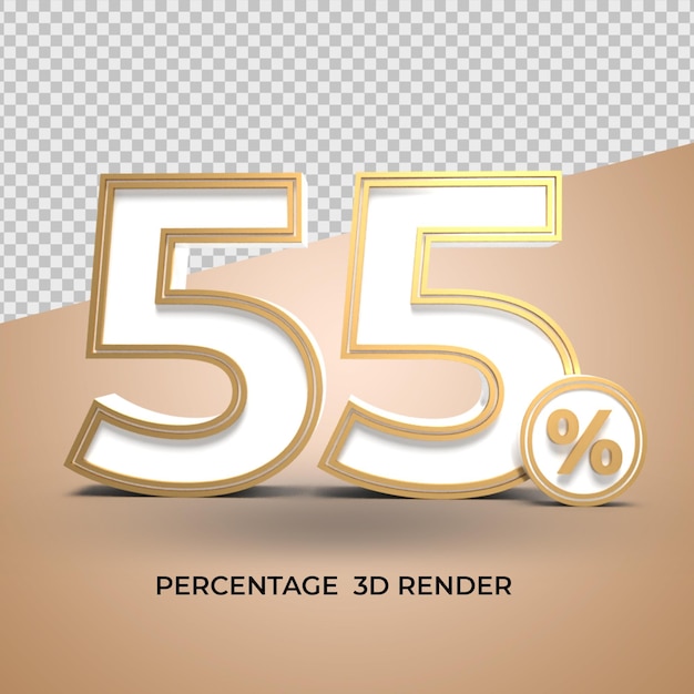 3d render número 55 porcentagem de venda com desconto em branco e ouro