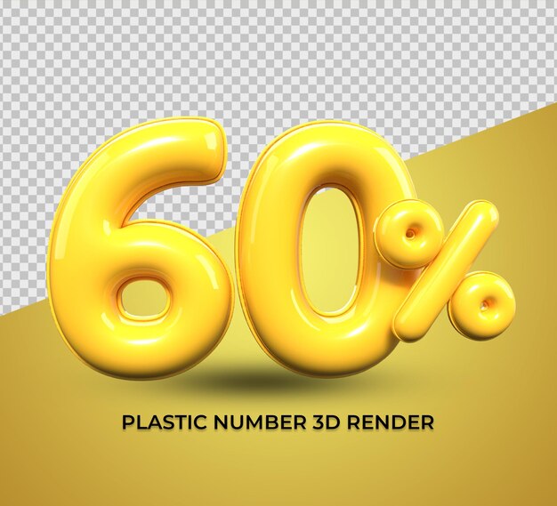 3d render número 60 porcentaje de plástico amarillo en venta descuento, progreso