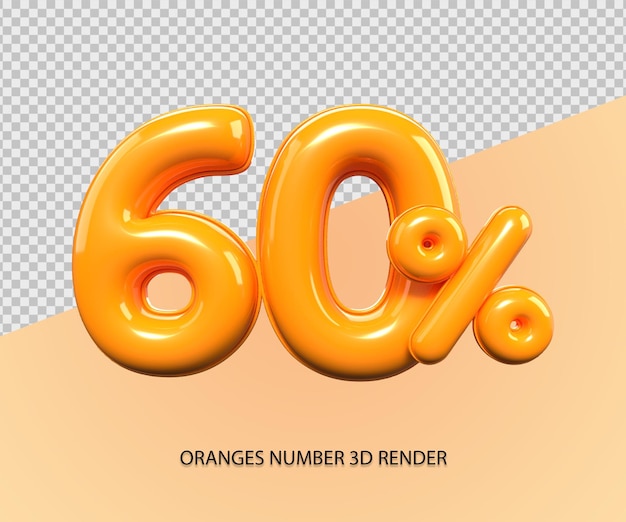 3D render número 60 porcentaje plástico de descuento de color naranja