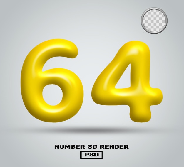 3D render número 64 color amarillo brillante