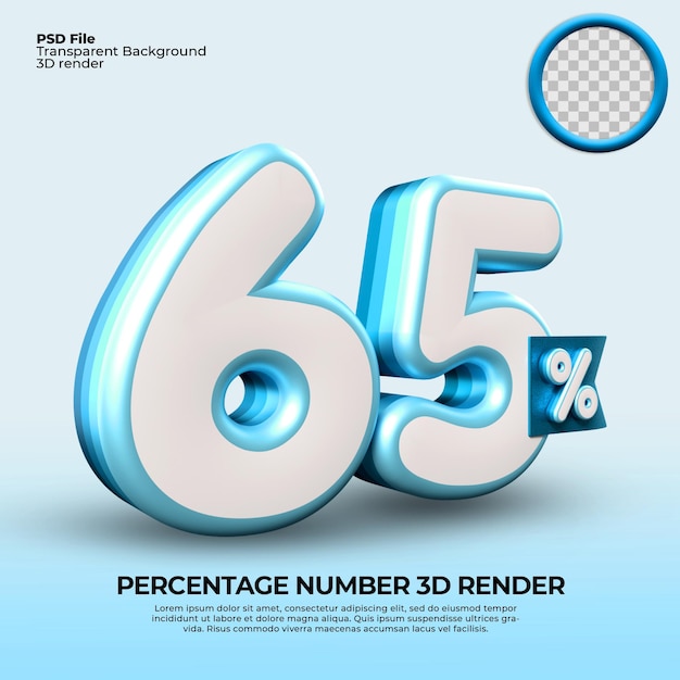 3d render número 65 porcentaje de venta descuento gráfico de progreso negocio financiero color azul