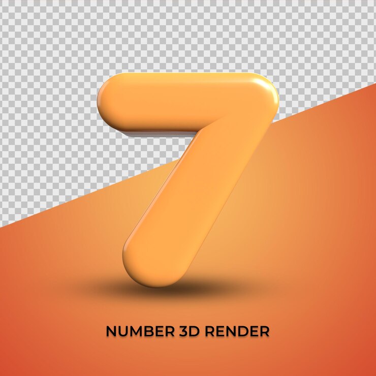3d render número 7 color naranja transparente, plástico
