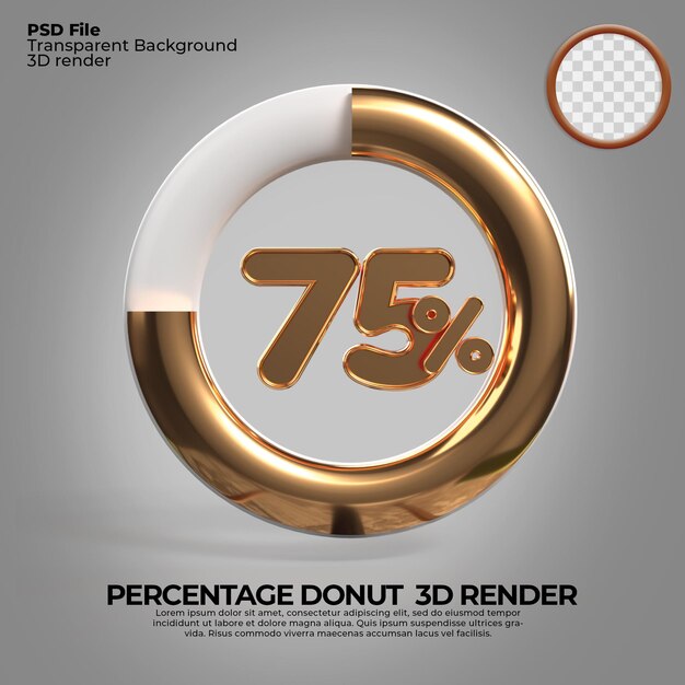 3D Render número 75 porcentaje donut para informe de progreso infografía estilo dorado