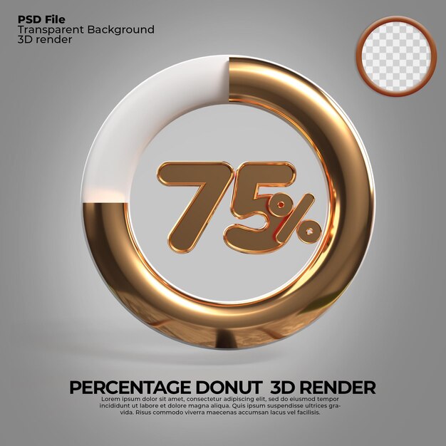 3d render número 75 porcentaje donut para informe de progreso infografía estilo dorado