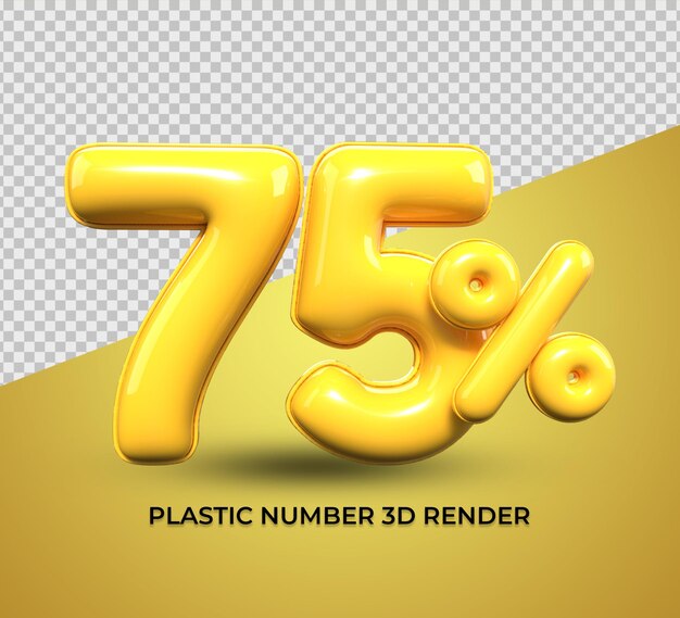 3D render número 75 porcentaje de plástico amarillo en venta descuento, progreso