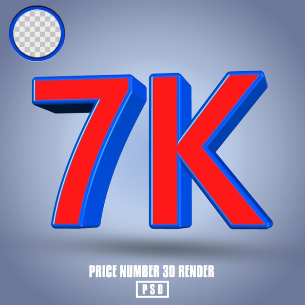 3D render número 7k color rojo y azul