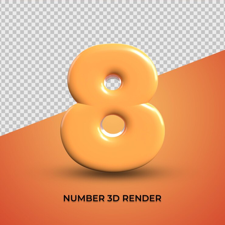 3d render número 8 color naranja transparente, plástico
