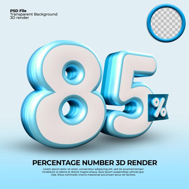 3D Render Número 85 Porcentaje de venta descuento gráfico de progreso negocio financiero color azul