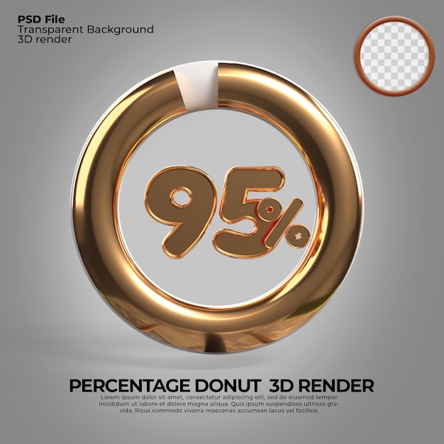 3D Render número 95 porcentaje donut para informe de progreso infografía estilo dorado