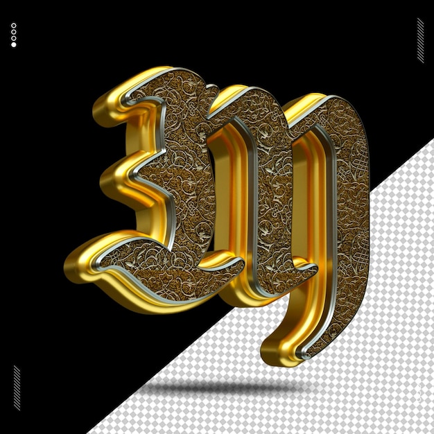 3d render número fuente oro medieval