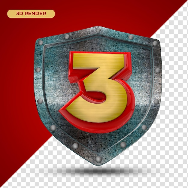 3d render - número tres en escudo medieval de metal