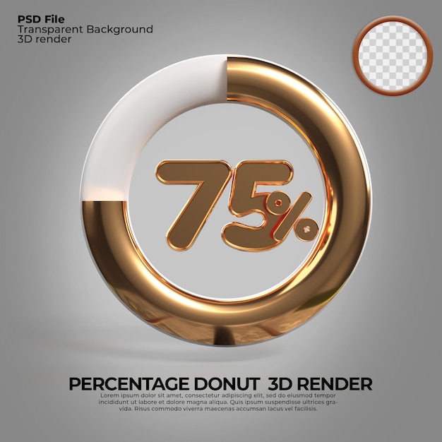 3d render nummer 75 prozent donut für fortschrittsbericht infografik goldstil