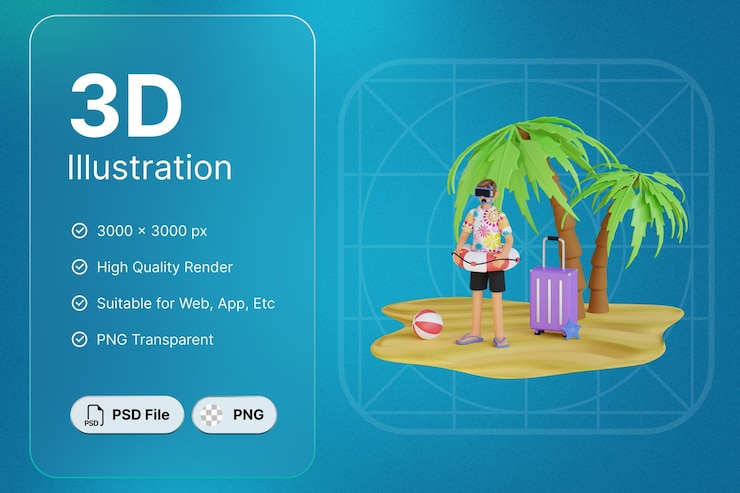 PSD 3d render object man with suitcase holiday