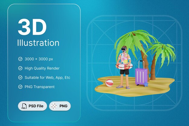 PSD 3d render objeto hombre con maleta vacaciones