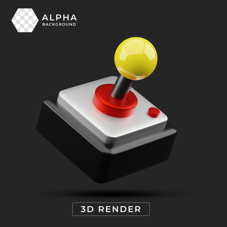 PSD 3d render of a classic arcade joystick on a black background
