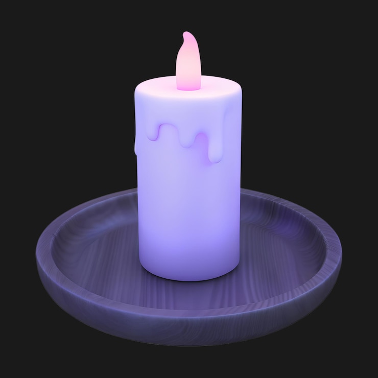 PSD 3d render of a purple led candle on a wooden tray