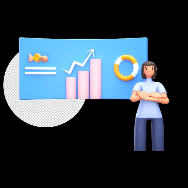 PSD 3d render of business woman standing und präsentation infografik diagramm auf schwarzem hintergrund