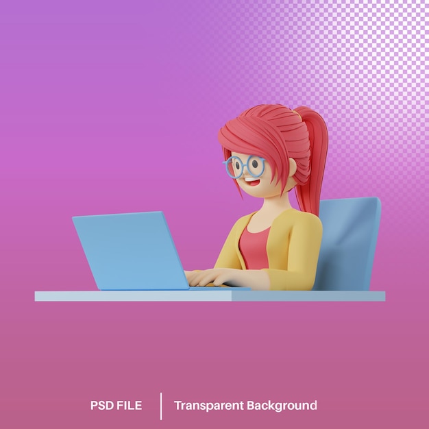 3d render of cartoon girl character working on a laptop