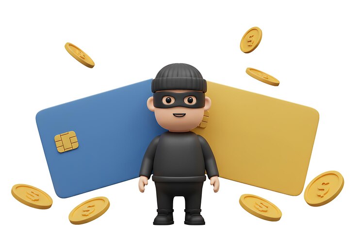 PSD 3d render of a cartoon thief stealing credit card and money online security risk