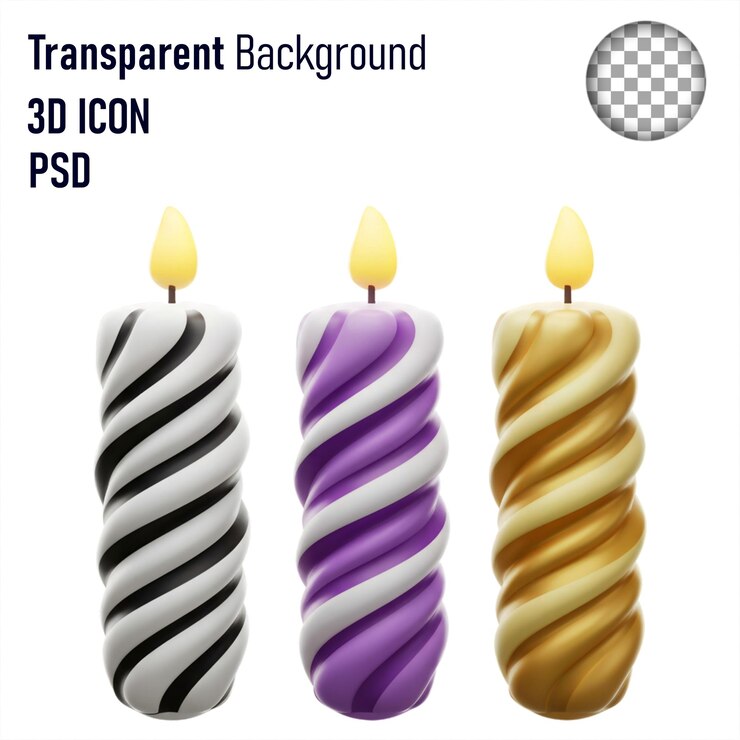 PSD 3d render of colorful twisted birthday candles with flames